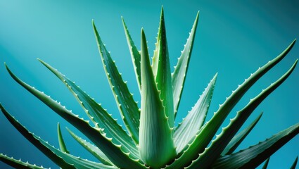 Fototapeta premium Closeup of green aloe vera plant against light blue backdrop