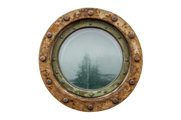 Obraz premium Porthole view revealing scenic surroundings and weathered textures hinting at maritime history and adventure