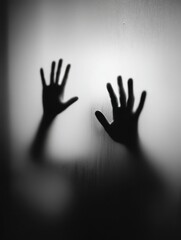 the hands of a person are pressed against the glass, the silhouette of the body is barely visible, the concept of a state of mind, loneliness, anxiety, hopelessness, danger, help
