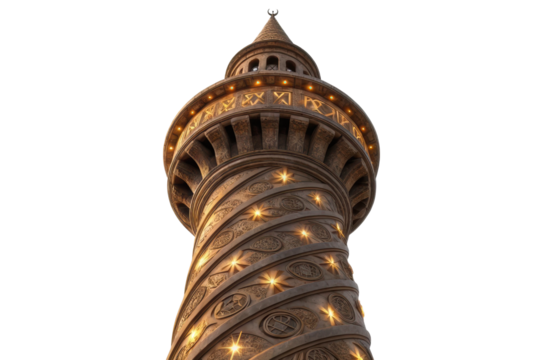 Unique tower design illuminated at night, showcasing intricate patterns and architectural features for various applications