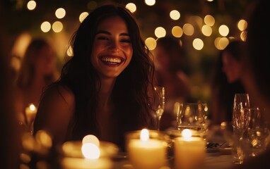 Smiling woman enjoys a warm evening dinner party.