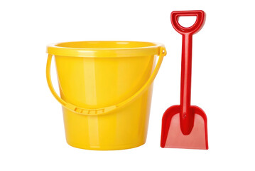 Bright yellow bucket with red shovel ideal for summer beach play and children's outdoor activities
