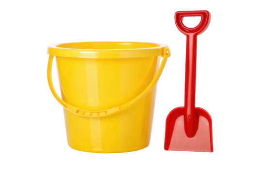 Bright yellow bucket with red shovel ideal for summer beach play and children's outdoor activities