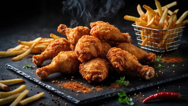 Potato and broasted chicken, Broasted chicken is prepared by battering and deep frying in oil.