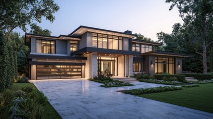 Modern Luxury Home Architectural Design: Evening Twilight