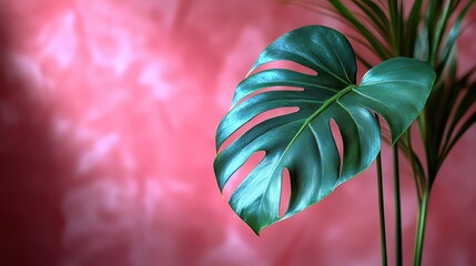Monstera leaf on a pink background,
