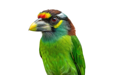 Fototapeta premium Vibrant green bird with colorful head features close-up for wildlife enthusiasts