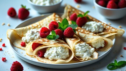 Crepes filled with cottage cheese, strawberries, and mint.