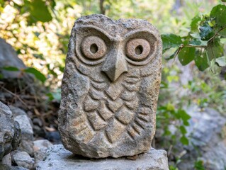 Obraz premium Ancient stone owl carving nestled among verdant foliage in natural setting