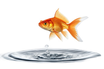 Goldfish leaps gracefully above water surface creating splashes in a serene aquatic setting