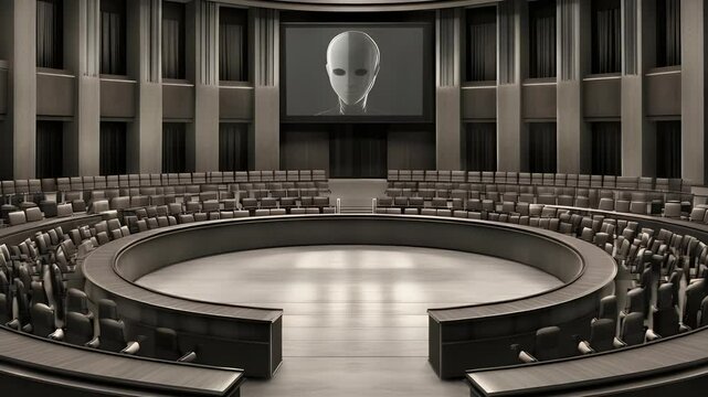 Futuristic conference room with an alien figure displayed on a large screen, suggesting an intergalactic meeting