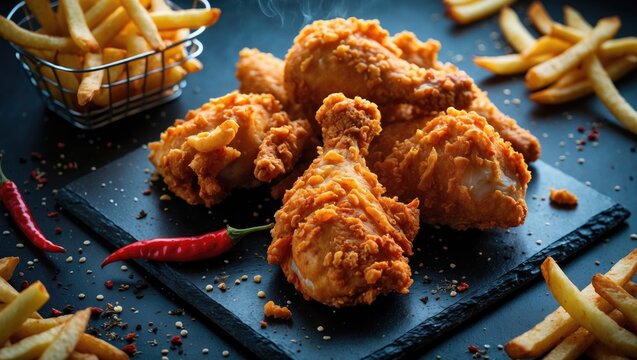 Broasted chicken with potatoes, Deep fried chicken is battered and cooked in oil.