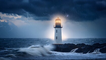 Stormy sea with lighthouse light piercing the rain, glowing beacon in harsh conditions. AI Generative