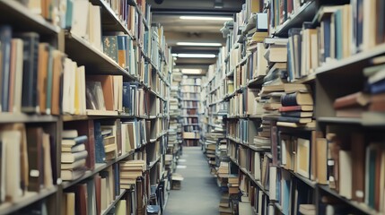 Bookshelves filled with books in a library or bookstore aisle.
