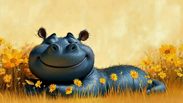 Serene Hippopotamus Resting in a Field of Yellow Flowers