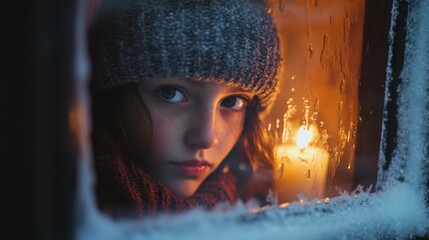 Winter's warmth, a girl's gaze through a frosted window.
