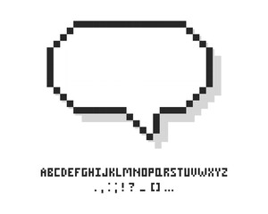 Fototapeta premium Empty pixelated speech bubble with alphabet, 8 bit cloud for text. Pixel speech bubble, 8 bit geometric texting dialogue box.