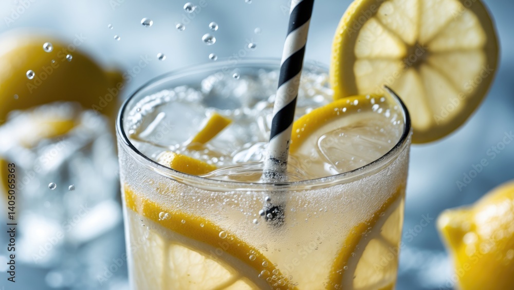 Poster Macro shot of lemon pieces in refreshing lemonade and ice cubes behind.