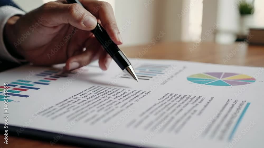 Poster businessman in suit reviews financial documents with charts and graphs, pointing with a pen at speci
