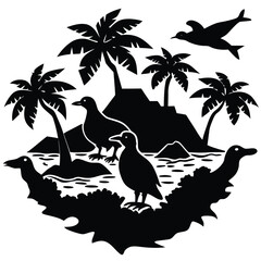 Black and White Silhouette of Tropical Island Scene with Palm Trees, Birds, and Ocean Waves - Vector Graphic Illustration