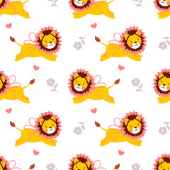 Cute seamless vector pattern with smiling running lions surrounded by hearts. Perfect for children's designs and playful decor