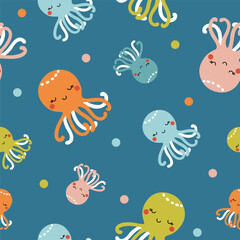 Cute cartoon octopus seamless vector pattern.