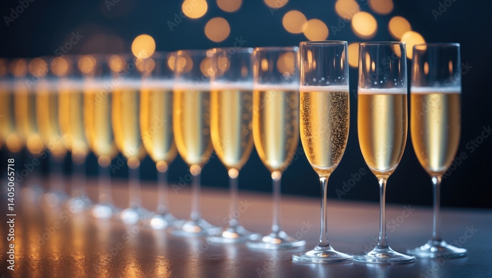 Poster champagne-filled glasses arranged in a row for serving