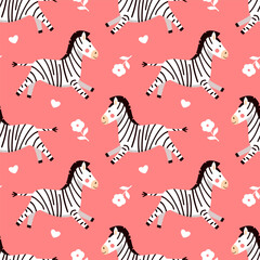 Seamless vector pattern with zebras on a pink background, featuring flowers and small white hearts. Cute illustration for textile design or kids' room decor