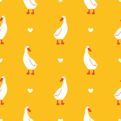 Seamless vector pattern of white geese on an orange background with scattered hearts. Ideal for fabric design, children's room decor, and cheerful themes