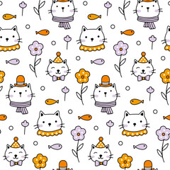 Adorable seamless vector pattern featuring playful cats in hats, accompanied by fish and flowers in the pastel colors for a child-friendly theme