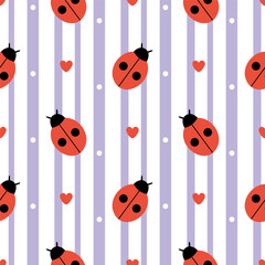 Red ladybugs and hearts are arranged on a striped purple and white background. Seamless vector pattern