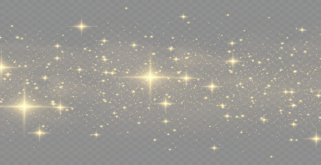 The dust sparks and golden stars shine with special light. Vector sparkles. Christmas light effect.