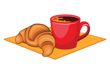 Cup of coffee and croissant on a napkin vector illustration. Fresh croissant and coffee in a red mug icon isolated on a white background. French breakfast drawing