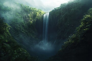 Lush tropical waterfall cascading down a misty mountain valley.