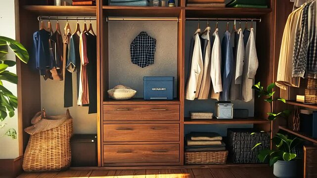Modern wooden wardrobe filled with neatly hung clothes and organized shelves, featuring plants
