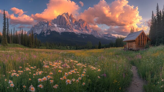 Scenic view of a mountain landscape with a rustic cabin by a wildflower field under a dramatic sunset sky