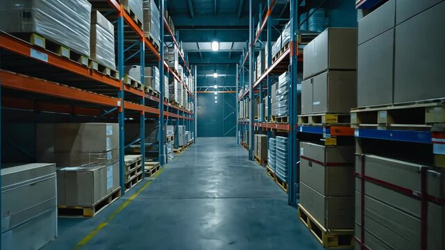 Interior of a modern warehouse with high shelves stacked with packaged boxes and pallets ready for shipment and distribution