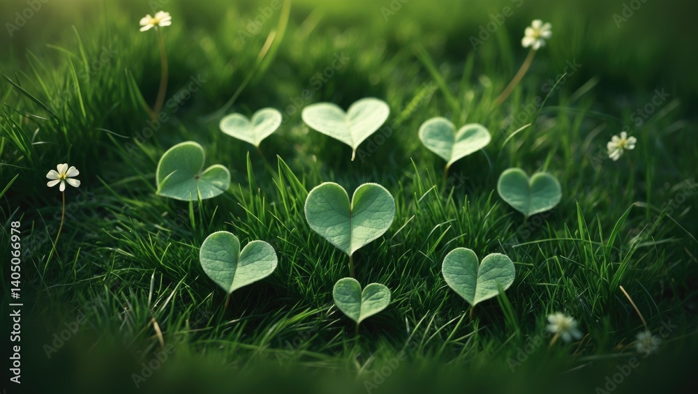 Poster a cluster of clover or a comparable round-leafed plant thriving in a grassy region.
