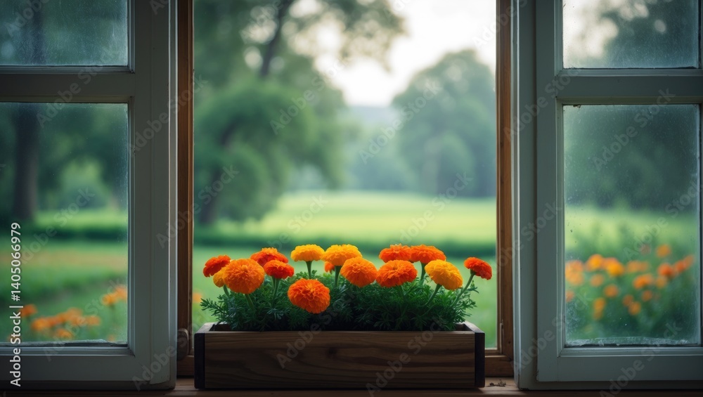 Poster a vertical photograph featuring a white window with flowers placed on the sill