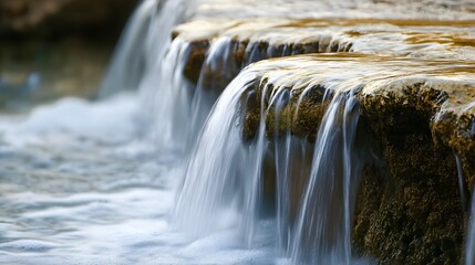 Fototapeta premium Waterfall cascading over rocks into a pool of water outdoors.