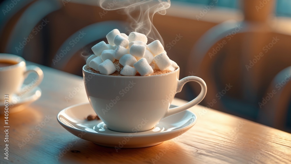 Poster close-up view of a cup of hot chocolate topped with marshmallows on a table.