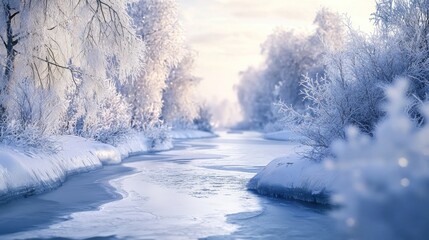 Fototapeta premium Frozen River in Winter Wonderland: A Serene Winter Scene