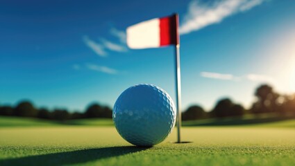 Obraz premium Golf ball positioned near a hole featuring a golf pole