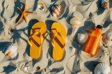 Flat lay of beach vacation items including flip flops, sunglasses, and a water bottle with shells.