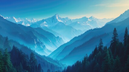 A peaceful mountain range towering over layers of lush coniferous woods. The bright blue sky on a chilly day.