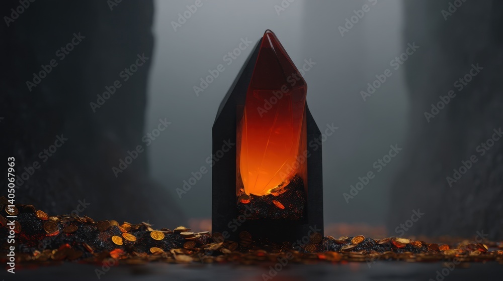 Poster candle with a burning flame inside representing warmth and light in an abstract setting surrounded b