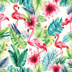 "Seamless Tropical Flamingo Pattern with Exotic Leaves and Flowers"

