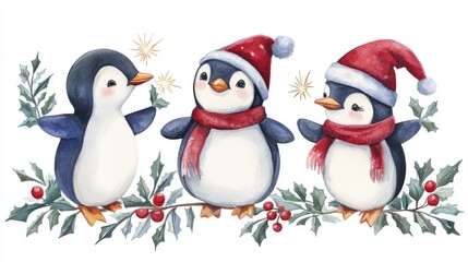 Fototapeta premium Adorable Penguins Celebrating Winter Holidays with Festive Hats Watercolor