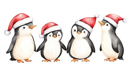 Fototapeta premium Cute Penguins in Santa Hats for Christmas Holiday Celebration Watercolor