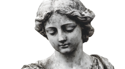 A weathered stone sculpture of a thoughtful female figure with delicate features, resembling a classic angel or muse.